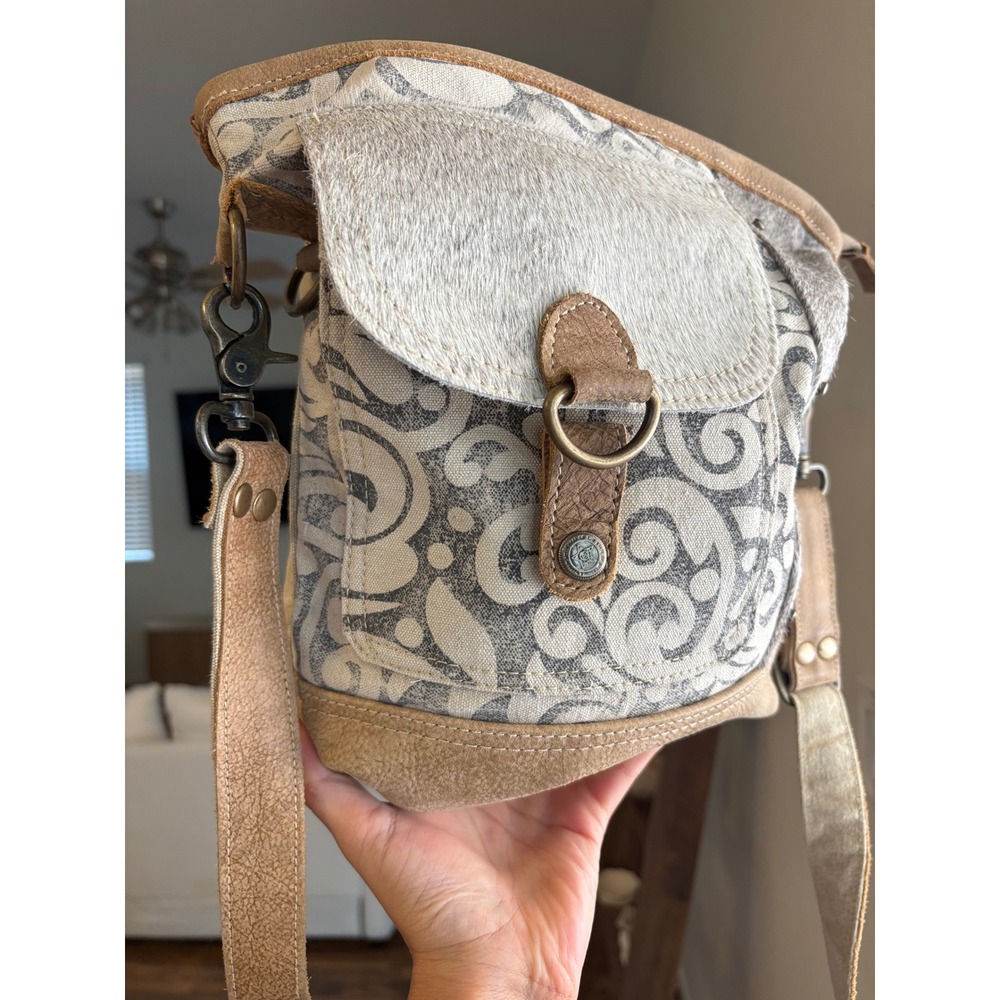 Myra Bag Canvas Leather Cowhide Crossbody Bag Scroll Pattern Boho Tan Grey - Picture 2 of 7